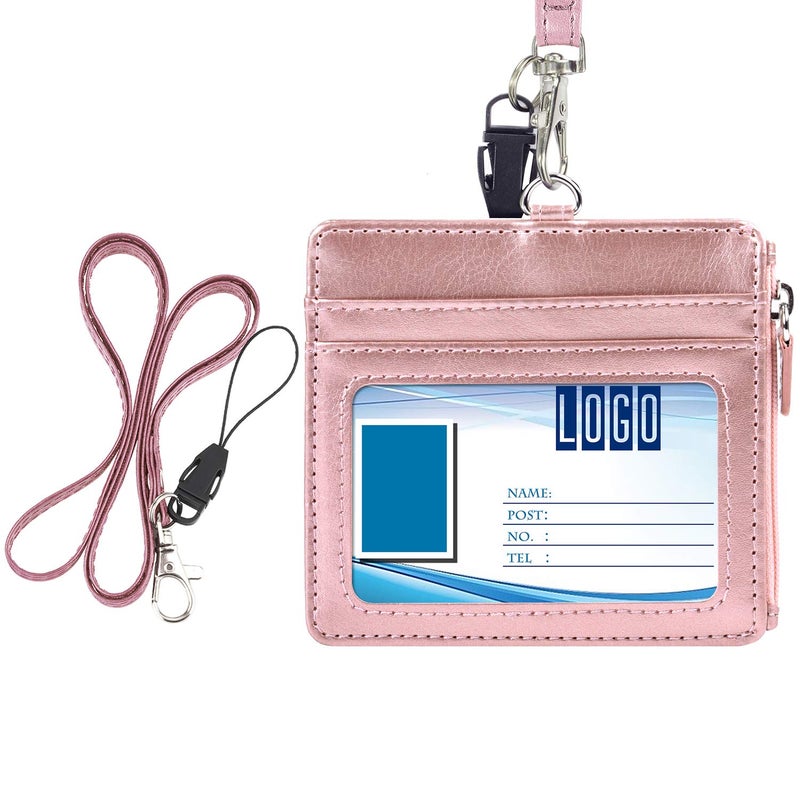Wisdompro Badge Holder with Zip, Wisdompro 2-Sided PU Leather ID Badge Holder with 1 ID Window, 4 Card Slots, 1 Side Zipper Pocket and 1 Piece 20 Inch Leather Neck Lanyard Strap - Rose Gold (Horizontal) - Image 1